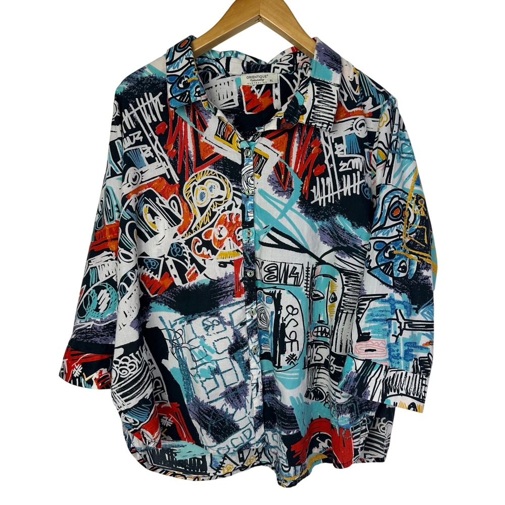 Orientique Australian Cotton Abstract Graffiti Print Button Down Shirt XL Multi